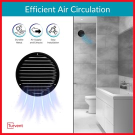 TURvent Round 6 inch Vent Cover for Wall and Ceiling - Black HVAC Return Air Grille with Mesh - Metal Soffit Vents for Outdoor and Indoor Use - External Diameter 7.83 inch