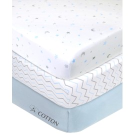 American Baby Company 3 Pack Fitted Mini Crib Sheet 24" x 38", Soft Breathable Neutral 100% Cotton Jersey Portable Sheet, Blue Star/Zigzag/Blue, for Boys and Girls, Fits Most Pack N Play Mattresses