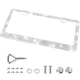 QUANQIUFEI 1 Pack Bling License Plate Frames, Sparkly Rhinestone Diamond Car License Plate Cover for Women, Stainless Steel Car Accessories with Glitter Crystal Caps (1 Pack White)