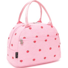 FlowFly Insulated Lunch Bag for Women – Corduroy Lunch Tote Box, Cute Cooler Bag for Work, Travel, Picnic,Corduroy Strawberries RoseRed