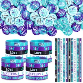 Ferreve 90 Pcs Suicide Prevention Awareness Teal Purple Ribbon Favors Set Include 30 Pencil 30 Wristband 30 Badge Button for Reward First Day Back Birthday Awareness Firefighter Party Supply