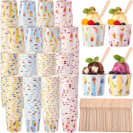 Ninehaoou 300 Sets Paper Ice Cream Cups 6 OZ Disposable Dessert Bowls for Dessert with Bulk Mini Wooden Spoons Colorful Disposable Sundae Cups Containers Party Supplies for Ice Cream Party