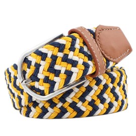 MESHIKAIER Unisex Elastic Fabric Braided Stretch Belt Casual Men Women Waist Belt with PU Leather Buckle (Yellow Blue White)