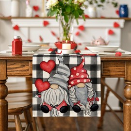 Artoid Mode Watercolor Buffalo Plaid Hearts Gnomes Love Valentine's Day Table Runner, Seasonal Anniversary Wedding Holiday Kitchen Dining Table Decoration for Indoor Outdoor Home Decor 13 x 60 Inch