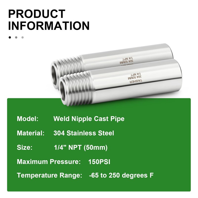 TAISHER 2PCS 304 Stainless Steel Pipe Fittings, 1/4" NPT Male