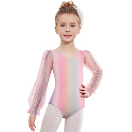 Zaclotre Gymnastics Leotards for Little Girls Polka Dots Mesh Long Sleeve Ballet Dance Outfit