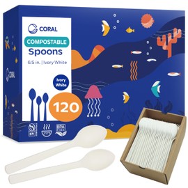 CORAL 100% Compostable Spoons - 120 Heavy Duty No Plastic Spoons (6.5 inch) - Break-Resistant with Smooth Edges, Eco-Friendly Alternative to Plastic Cutlery - Biodegradable & Disposable Spoons