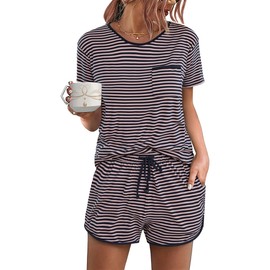 Demegimi Women's Pyjamas Women's Short Cotton Shorty Set Short Sleeve Sleepwear Women Two Piece Pyjamas with Stripes for Summer