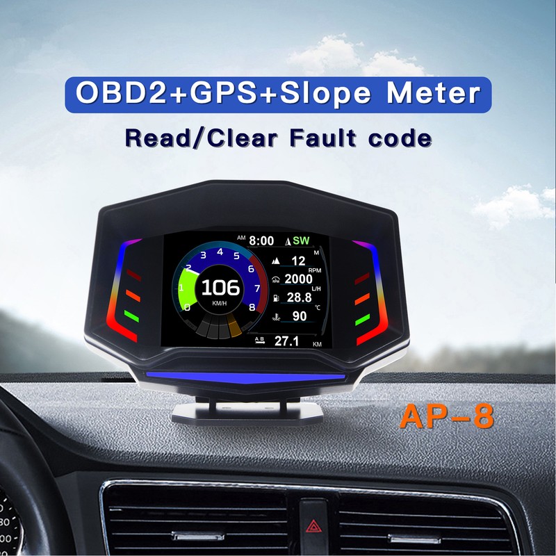 Car HUD Display OBD2 GPS Slope Meter Multifunction Overspeed Alarm