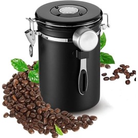 Olyzer Stainless Steel Coffee Canister 22 oz, Airtight Coffee Storage Container with Scoop, Date Tracker & CO2 Releasing Valves, for Grounds and Beans, Black