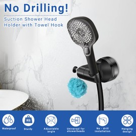 Suction Cup Shower Head Holder Wall Mount, Removable Handheld Shower Head Holder with Side Hook, Adjustable Vacuum Suction Shower Wand Holder (Black) (Black)