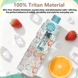 PIQUEBAR Kids insulated Water Bottle 17oz & Sport Water Bottle 24oz Set, Stainless Steel Metal Vacuum Water Bottles, Leakproof Tritan Sport Water Bottles for School Boys Girls, Blue Dinosaur