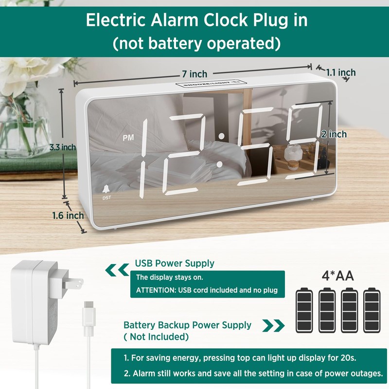 Peakeep Digital Clock, Alarm Clock Battery Backup Powered for Bedrooms