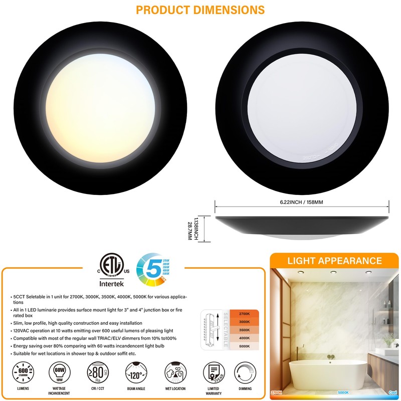 JULLISON 10 Packs 4 Inch Black LED Low Profile Recessed