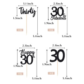 24 Pcs 30 Birthday Cupcake Toppers - BLACK Glitter, 30th Birthday Decorations