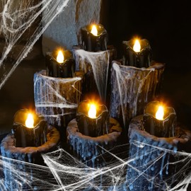 Renbuzhu 24Pcs Halloween Decorations Indoor Candles Black Tea Lights: Led Flameless Tealight Battery Operated Table Decor with Spider Webs (No Timer&Remote)