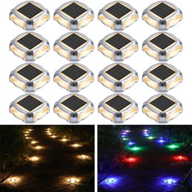 AGPTEK Multi-Colors In 1 Solar Driveway Lights Outdoor 16 Pack, RGB Deck Dock Marine Lights LED Solar Powered Waterproof Outside Decorative Marker Security Light for Garden, Yard, Step, Sidewalk, Path