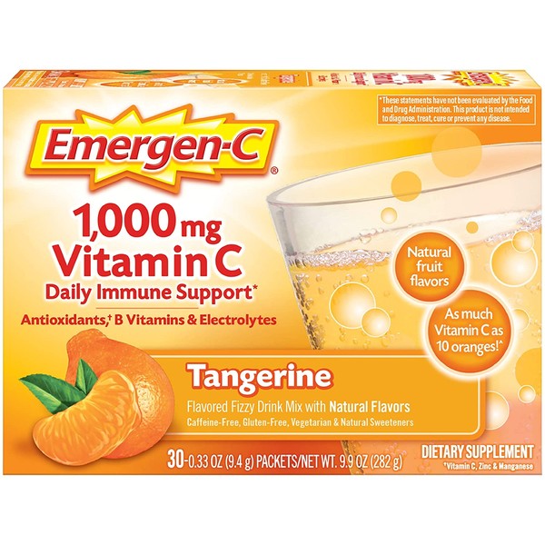 Emergen-C 1000mg Vitamin C Powder, with Antioxidants, B Vitamins and Electrolytes, Vitamin C Supplements for Immune Support, Caffeine Free Fizzy Drink Mix, Tangerine Flavor, 0.33 Ounce (Pack of 30)