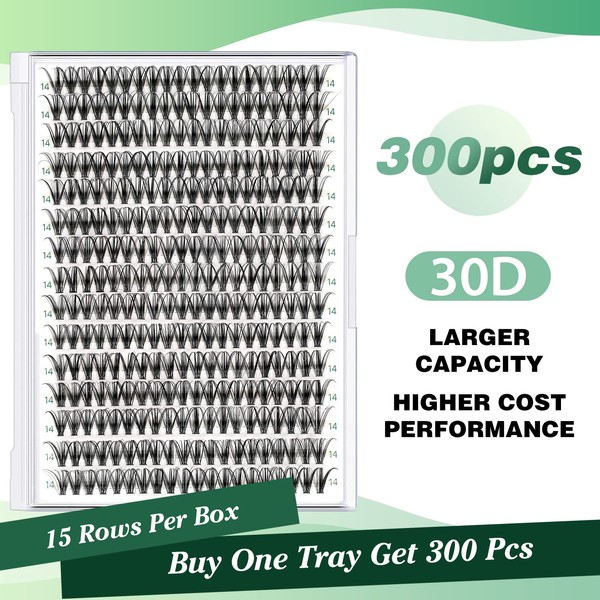 KEYYOU Lash Clusters 300pcs Individual Lashes 30D 0.07D Curl 14mm