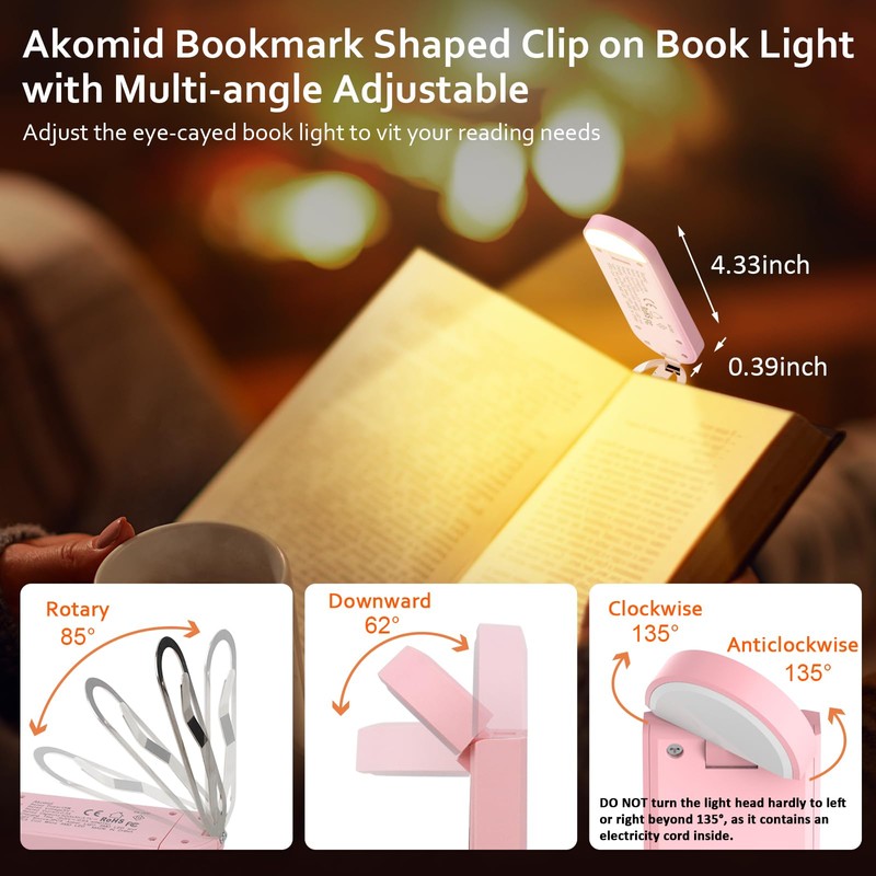Akomid USB Rechargeable Book Light for Reading in Bed, 8