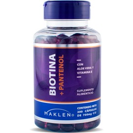 BIOTINA | Con Pantenol, Aloe Vera y Vitamina E | 200 Cápsulas Softgel de 700 mg | Suplemento para Cabello, Piel y Uñas | Nutrición y Fortalecimiento | Maklen