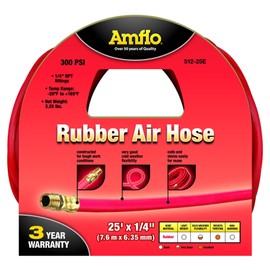 Amflo 512-25E Abrasion Resistant 1/4" x 25' Rubber Air Hose Stays Flexible in All Weather Conditions - Great for Garage, Shop, Industry, and Home use