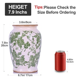 Rustic Farmhouse Green Floral Vase, 7.9in Vintage Ice-Cracked Ceramic Pottery Vase, Chinoiserie Decor Vase for Home, Kitchen, Bedroom, Living Room, Office, Bathroom, Shelf & Table Centerpiece Decor