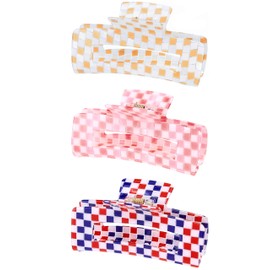 Checkered Hair Claw Clips for Women Ladies, 4inch Fashion Large Hair Clips for Styling Claw Clamps Thick Hair Retro Rectangle Shape Hair Jaw Clips (3 Pack)