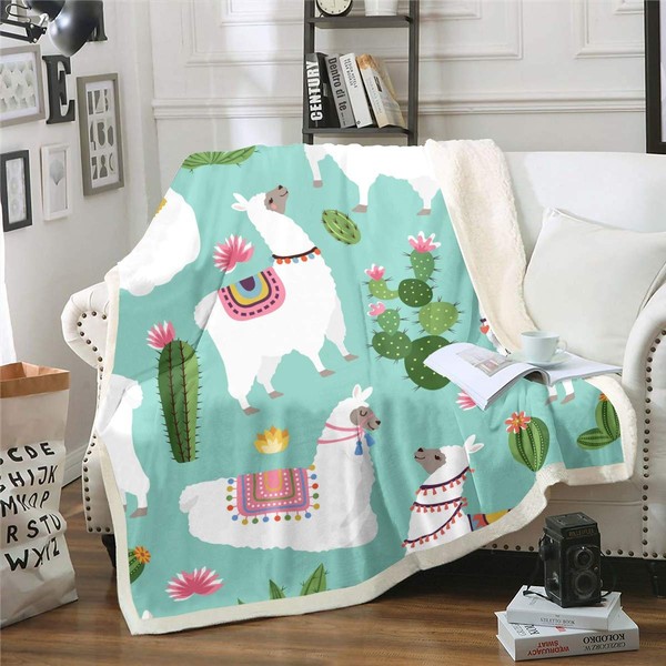 Feelyou Cute Llama Fuzzy Blanket Cartoon Boho Llama Alpaca Fleece