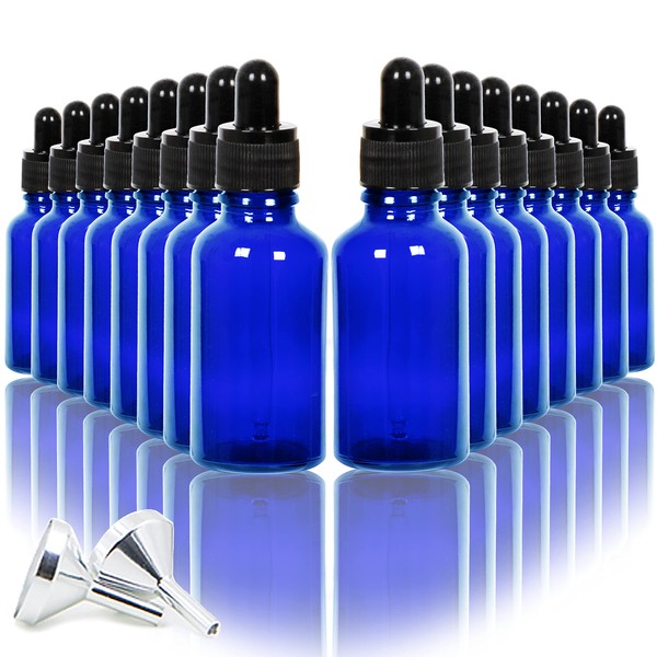 Youngever 16 Pack 30ML Blue Glass Dropper Bottles for Essential Oil, 2 Stainless Steel Mini Funnels