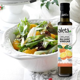 Aleta Organic, Orange Infused Balsamic Vinegar, 2024 Great Taste Award, Perfect to drizzle as Salad Dressings, Fruits, Pasta, Desserts, Cocktails, Glass Bottle, 8.45 oz.
