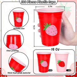 FYSUIMU 100Pcs Strawberry Plastic Cups 16Oz Red Pink Sweet Berry Disposable Drinking Cup Stackable Party Cups for Summer Birthday Baby Shower Party Supplies