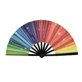 JRAIYBZ UV Glow Large Folding Hand Fan for Women Foldable Clack Fan Bamboo Rave Fan,Folding Clack Hand Fan for Men Women Handheld Fan for EDM,Music Festival,Club,Freaky,Party,Dance (Glitter Rainbow)