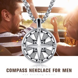 KINGWHYTE Compass Necklace for Men 925 Sterling Silver Travel Compass Jewelry Graduation Friendship Gifts for Men Husaband
