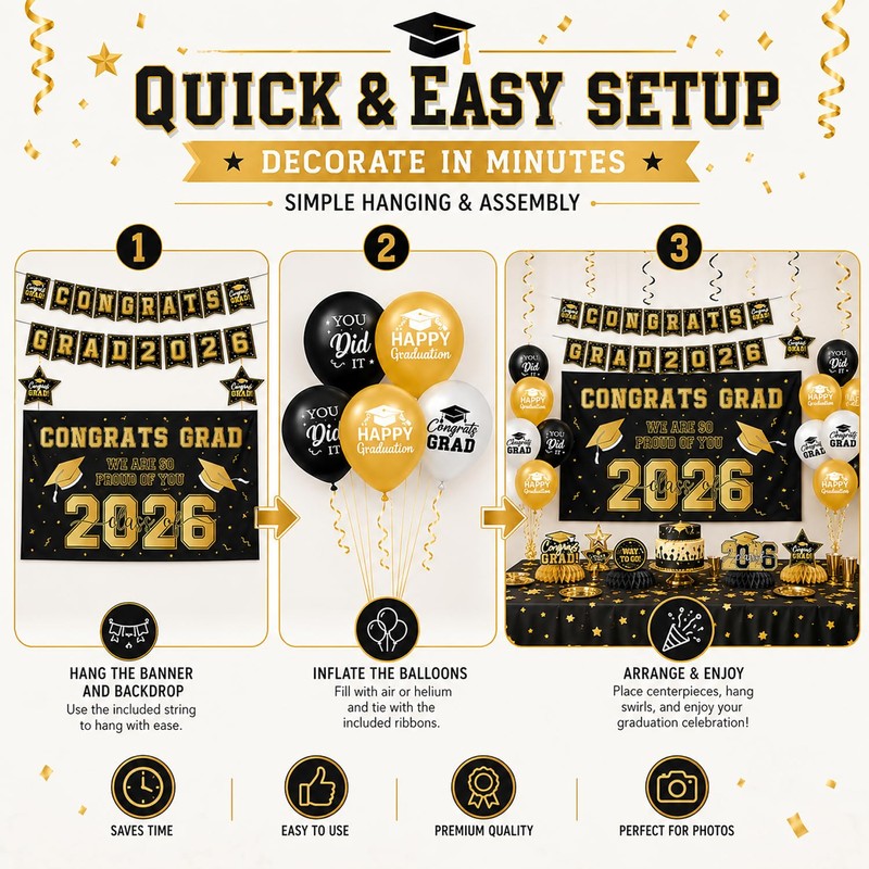 2026 Graduation Decorations Set, Gold and Black Party Supplies -