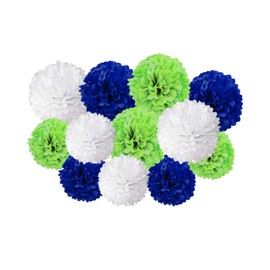 Blue Green and White Tissue Paper Pompoms, Blue Green and White Paper Flower for Wedding, Birthday, Party, Coloured Theme Party (Pack of 12)