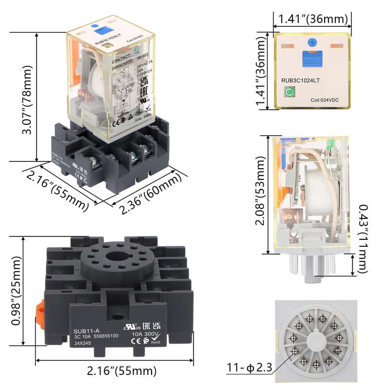 Weasch Power Relay MK3P-I Type RUB3C1024LT, DC 24V Coil, 11Pin