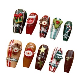 TENOL Christmas False Nails Fake Nails Nail Art Decoration Full Cover with Santa Claus and Elk Decor, Cute,Creative for Women Girls, S