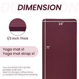 Aurorafy Yoga Mat 1/2-Inch Extra Thick High-Density Exercise Mat with Non-Slip Surface & Carry Strap for Men & Women Tear-Resistant Pilates Workout Mat for Home Gym, Floor Fitness, Deep Wine