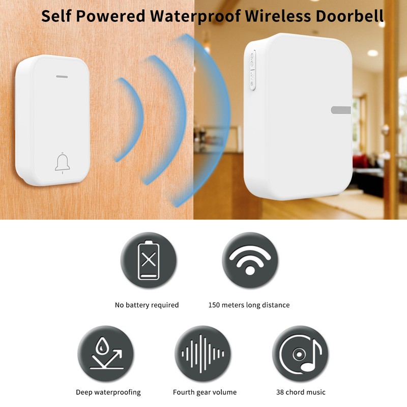 Self Powered Wireless Doorbell Waterproof Smart Doorbell Without Battery 150M
