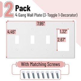 Bates- Combination Wall Plate, 2 Pack, 3-Toggle/1-Decorator, White Light Switch Cover Plate, Switch Covers, Outlet Plate Cover, Wall Plate Cover, Wall Plates, 4 Gang Switch Plate