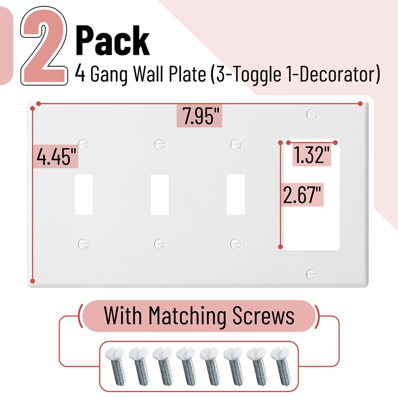 Bates- Combination Wall Plate, 2 Pack, 3-Toggle/1-Decorator, White Light Switch