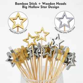 Minisland Big Gold Star Cocktail Picks, 5.5 Inch Long Bamboo Fancy Toothpicks for Appetizers, Decorative Christmas New Year Holiday Party Food Drinks Garnish Fruit Skewer Sticks 50 Counts - MSL430