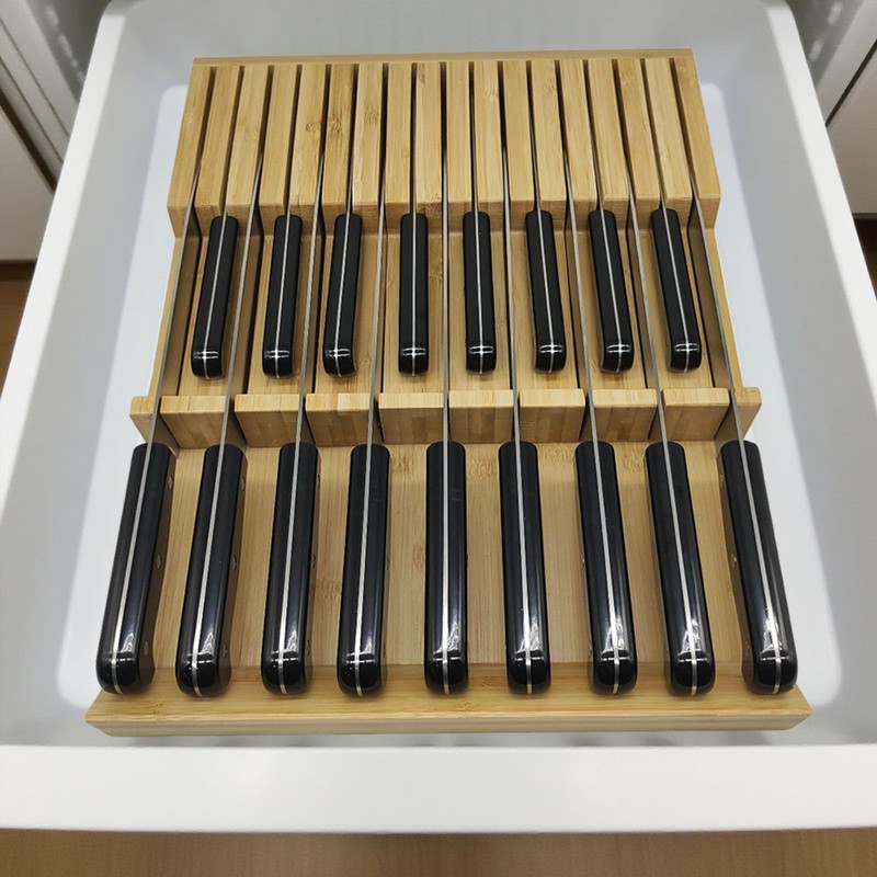 MIAO YUAN Bamboo In-Drawer Knife Block, 17 Slot Large Capacity