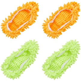 CREATCABIN 4Pcs Shoes Cover Dust Duster Mop Slippers Shoes Orange Green Floor Cleaning Tools Shoe Cover Washable Reusable Microfiber Foot Socks Coral Velvet Silent Non-slip Shoe Cover for House 11inch