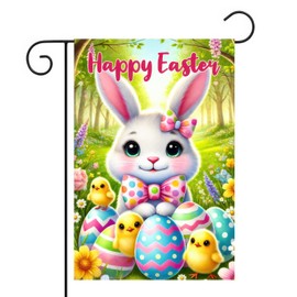 BlissYard Happy Easter Garden Flag Cute Bunny Yard Flags Double Sided for Outside Patio Lawn Colorful Flower Egg Chick Yard Decorations Easter Outdoor Garden Spring Décor 12x18 Inch