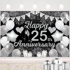 25th Anniversary Decorations, 25th Wedding Anniversary Decorations Black Silver Happy 25th Anniversary Banner Backdrop 70.8x47inches for Photo Background Birthday Decorations
