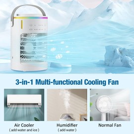 Mini Portable Air Conditioner Evaporative, 3-in-1 Air Cooler, Humidifier and Fan, 7 Colors Light, 600ml Tank, 3-speed Humidifier Air Conditioners