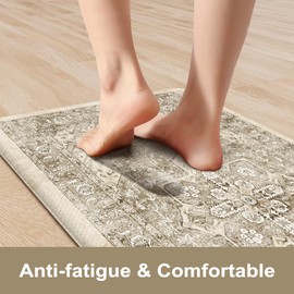 KIMODE Anti Fatigue Kitchen Mat, Cushioned Boho Oriental Kitchen Runner, Non Slip Waterproof Kitchen Mat for Floor, Comfort Foam Standing Desk Mat for Laundry, Office, Sink Khaki 17.3"x59"