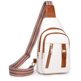 GUIFIER Crossbody Sling Backpack Chest Bag Daypack for Men & Women, PU Sling Bag with Adjustable Guitar Strap, Over Shoulder Bag, Fanny Pack Belt Purse for Travel Sports Hiking Shopping (White)